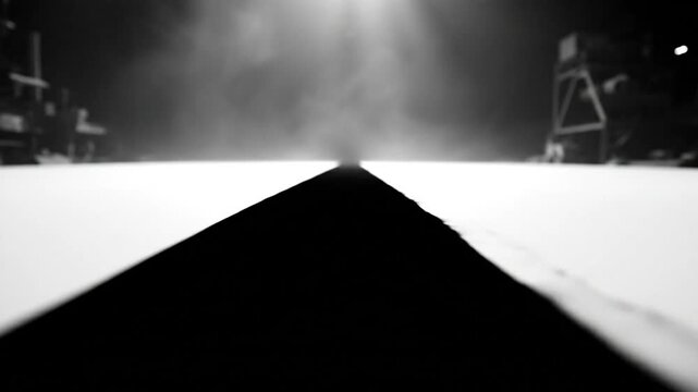 Dramatic black line vanishing into a smoky abyss with stage lighting and theatrical backdrop