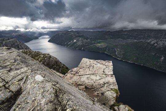 Rock plateau, rock pulpit Preikestolen, Lysefjord, Ryfylke, Rogaland, Norway