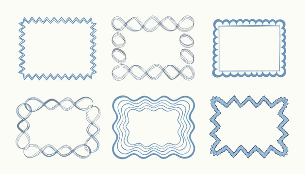 Collection of creative blue line borders with infinity loops zig zags and wavy decorative patterns