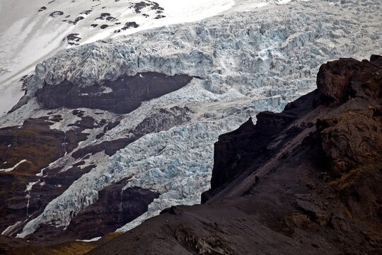 Cleft ice, glacial ice, glacier snout of glacier Vatnak&ouml;kull in Skaftafell, Southern Iceland, Iceland