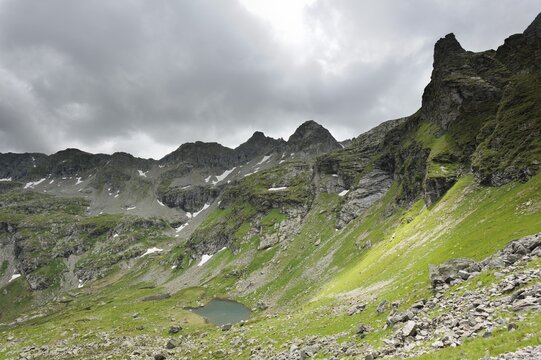 Filzsee and Pfannensee lakes seen from Mt. Filzscharte, Schladminger Tauern mountain range, Styria, Austria, Europe
