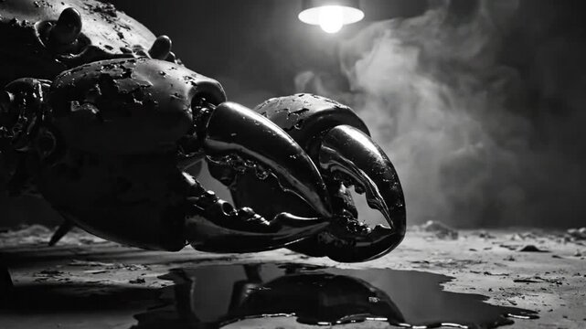 Black and white close up of a giant crab with shiny metallic claws under a single light source with swirling smoke