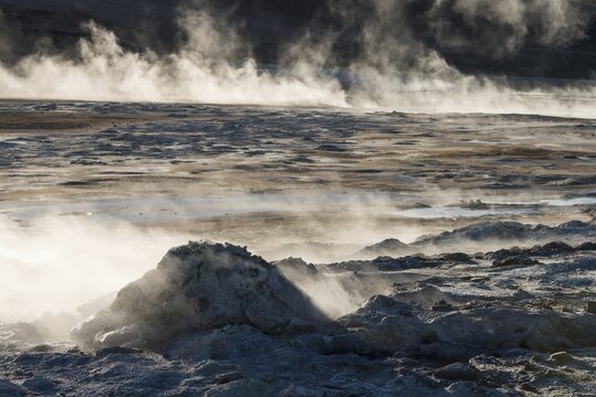 Backlight, Rising Steam, Fumarole, N&aacute;mafjall, M&yacute;vatn or Myvatn, Krafla Volcano System, Northern Iceland, Iceland