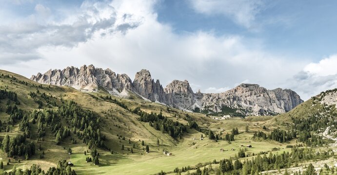 Gardena Pass, Passo Gardena, 2121m, Puez group at the back, Puez Geisler Nature Park, Dolomites, Selva di Val Gardena, South Tyrol, Trentino-Alto Adige, Italy