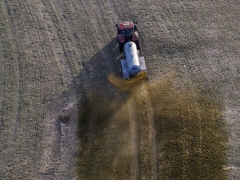 Tractor, slurry tank, manure, agriculture, aerial view, foothills of the Alps, Bavaria, Germany