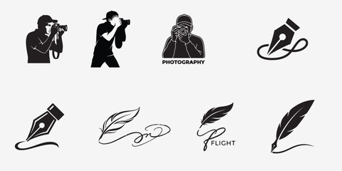 Photography and Creative Writing Icon Set, Minimalist Black Silhouette Illustrations of Photographers, Fountain Pen Nibs, and Quill Feathers © taslima