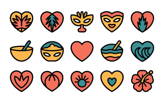 Vibrant heart shaped icons with masks leaves and tropical motifs on white background colorful graphic elements
