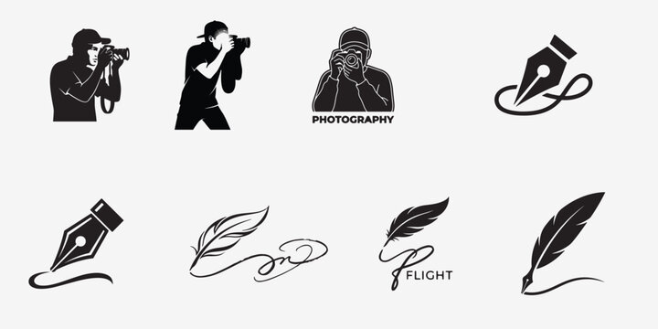 Photography and Creative Writing Icon Set, Minimalist Black Silhouette Illustrations of Photographers, Fountain Pen Nibs, and Quill Feathers