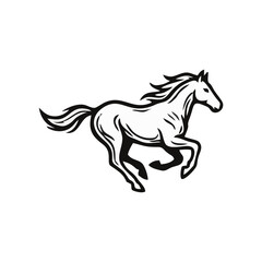 Obraz premium Galloping Wild Horse Silhouette Vector, Minimalist Running Stallion Logo for Equestrian Sports, Ranch Branding, and Dynamic Motion Concepts Isolated on White Background.
