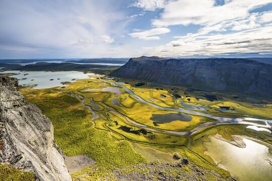 View from Skierffe mountain over the Rapadalen river delta, Rapa&auml;lv river, Sarek National Park, Laponia, Lapland, Sweden