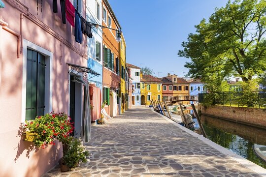 Canal with boats, Colorful houses, Colorful facades, Burano Island, Venice, Veneto, Italy