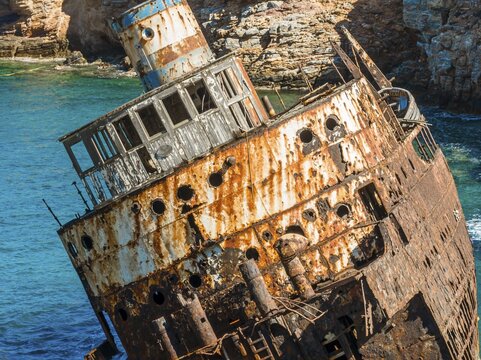 Aerial view, Shipwreck Olympia, Amorgos, Cyclades Island, Aegean Sea, Greece