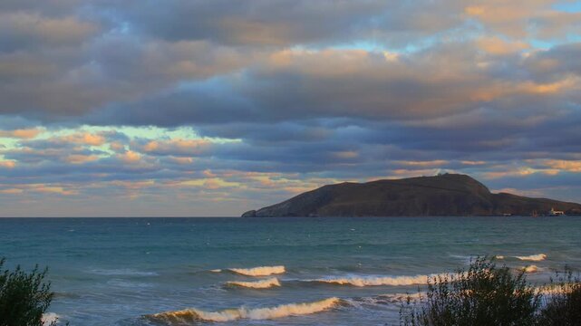 Windy Evening Sea with Waves and Moving Tree Branches. Autumn Coastal Waves at Sunset with Wind and Cloudy Sky. Evening Seascape with Windy Shore and Moving Branches. Copy space. Background video.