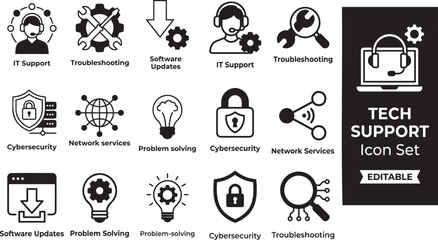 Fototapeta premium Tech support icon set. Includes IT support, troubleshooting, help desk, cybersecurity, system backup, AI assistance, problem solving, and more. Perfect for IT, software, web, apps, and infographics.