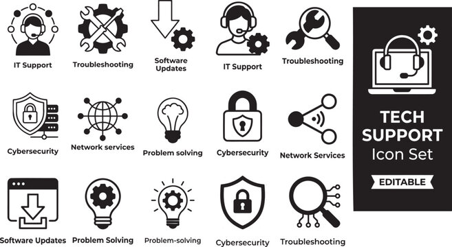Tech support icon set. Includes IT support, troubleshooting, help desk, cybersecurity, system backup, AI assistance, problem solving, and more. Perfect for IT, software, web, apps, and infographics.