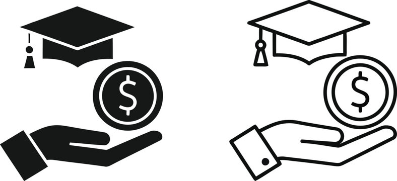Education finance and graduation icons with money and hands.