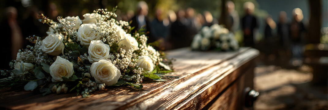An outdoor funeral ceremony was held for female Caucasian adults mourning in soft sunlight in a wooden casket with white roses.