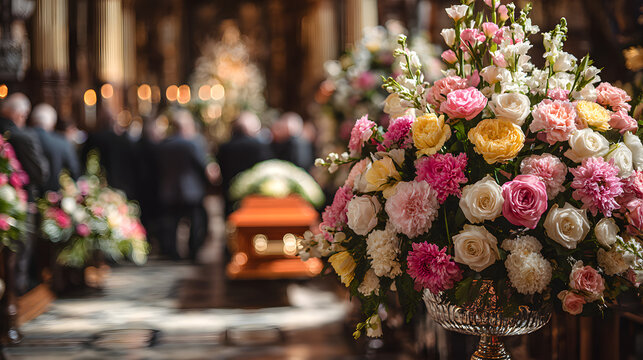 An impressive floral arrangement for a funeral ceremony with spectators in the background, a decoration for a service, a display of tribute flowers, a floral presentation for mourning, and a backdrop 