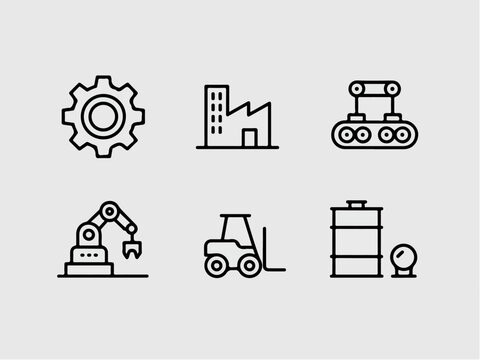 Set of industrial icons including gear factory robot arm forklift and conveyor belt flat vector design for manufacturing and technology concepts