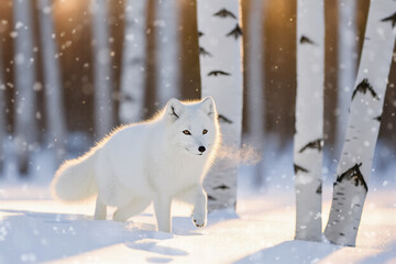 Obraz premium An Arctic fox prowls through a snowy birch forest, its thick white fur glowing in the soft morning sunlight. Wisps of frosted breath rise in the cold air as snowflakes fall gently around the trunks