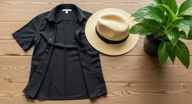 A casual black unbuttoned shirt lies on a rustic table surface, topped with a summer straw hat beside a vibrant green leafy potted plant, relaxed, top, plant