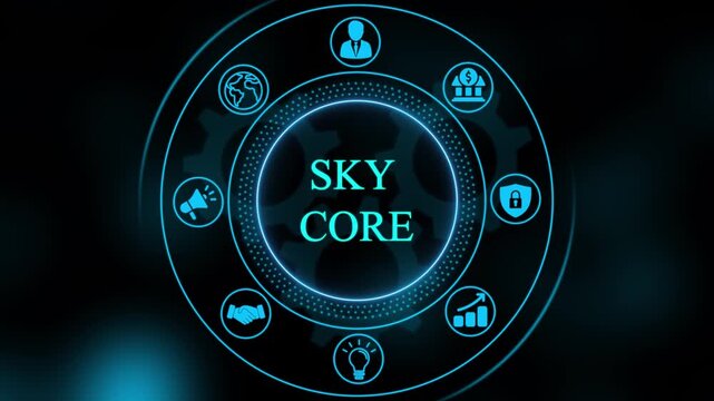 Digital sky core interface with rotating business and network connectivity hud for corporate technology presentations