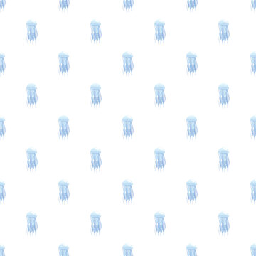 Pastel blue jellyfish creating a seamless marine life pattern on a white background