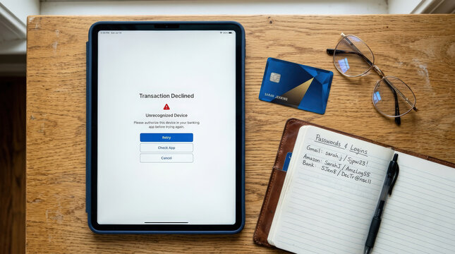 Lay tablet showing transaction declined unrecognized with card and notebook