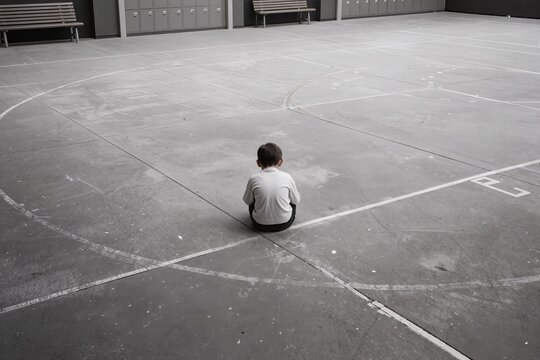 Enfant seul assis au sol dans une cour d&rsquo;&eacute;cole exprimant tristesse, isolement et harc&egrave;lement scolaire