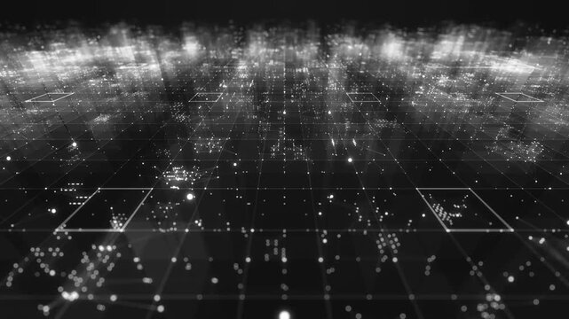Abstract digital landscape with flowing lines and glowing particles representing big data and futuristic network connection.