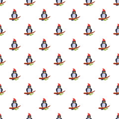 Obraz premium Cute cartoon woodpecker bird sitting on a tree branch repeating pattern