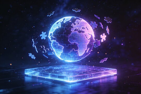 A glowing digital globe formed by floating puzzle pieces in a futuristic space.
