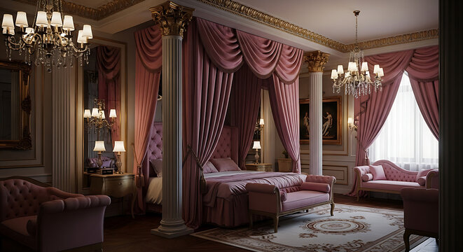 Luxurious baroque style bedroom with a canopy bed elaborate pink drapes crystal chandeliers ornate gold decorations interior chandelier furniture expensive