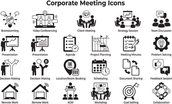 Corporate Meeting solid icon set. Contains symbols for Virtual Meeting, Webinar, Board Meeting, and Strategy Meeting. Flat vector design for corporate presentations and team collaboration.