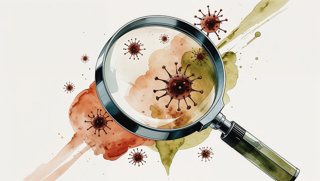 Watercolor illustration of magnifying glass enlarging virus cells - Concept of hantavirus, pandemic, covid, isolation, immunity, alert  