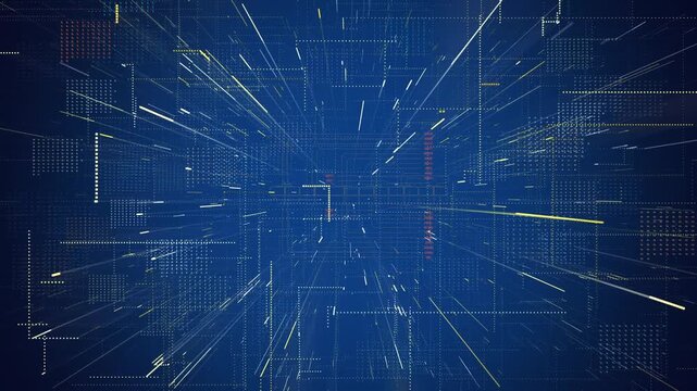 Abstract digital cyber space with glowing grid lines and data particles moving through deep blue background for futuristic technology concepts.