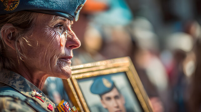 A mother is holding a framed portrait of her uniformed son during the Memorial Day community parade, tears streaming down her cheeks. Behind her lies a blurred crowd, representing a grieving Gold Star