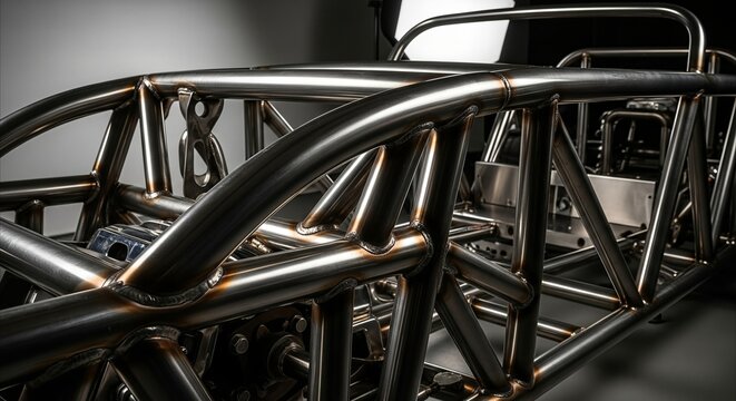 Custom tubular race car chassis with intricate welding, engineered for high-performance automotive projects in a studio setting.