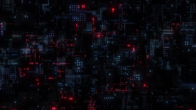Abstract digital grid with glowing blue and red lights moving through circuits creating a seamless loop background.