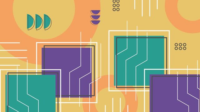 Seamless loop animation of purple and green squares with random black lines and outlines moving across an orange background in a dynamic Bauhaus and pop art geometric style