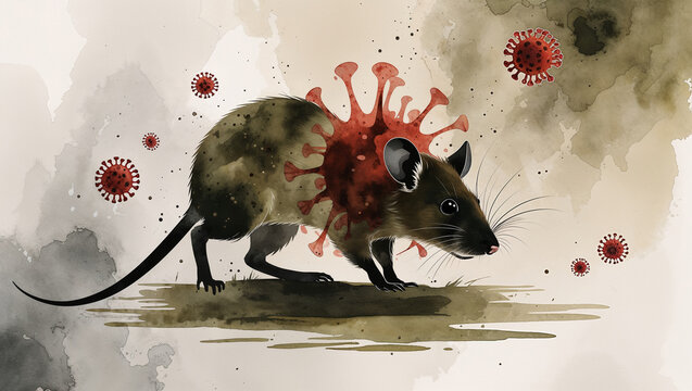 Deer mouse with virus particles illustrating concept of Hantavirus, pandemic, covid, isolation, immunity, alert  