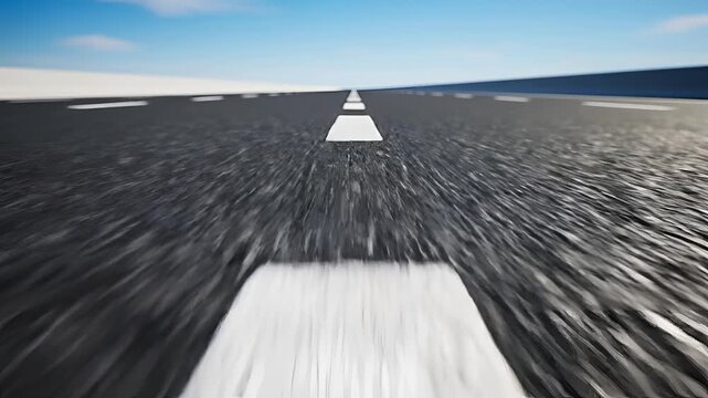 Fast motion view of an empty asphalt road with white lines.