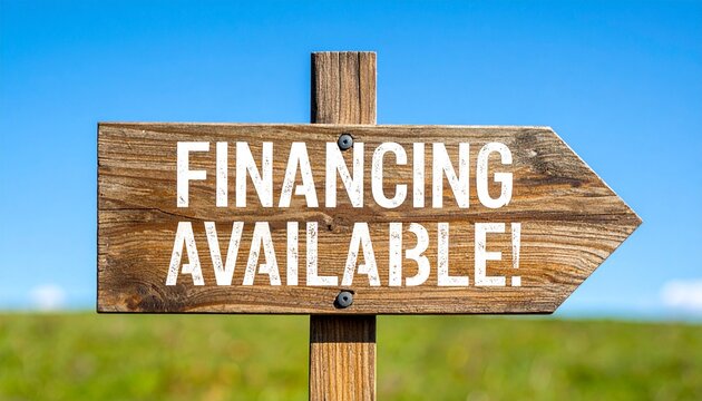 Wooden Arrow Sign with "FINANCING AVAILABLE!" Text Against a Blue Sky