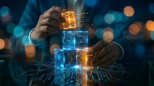 Digital Transformation Strategy: Human Hands Building AI and Blockchain Solutions. Futuristic Data Integration for Cloud Computing and Web3 Innovation Process.