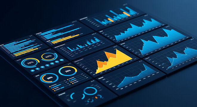 Multiple screens displaying interactive business analytics dashboards with various data visualizations graphs charts user interface elements for financial analysis analytics dashboard business