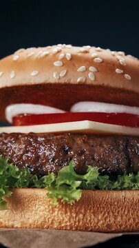 Flying burger ingredients falling down in slow motion