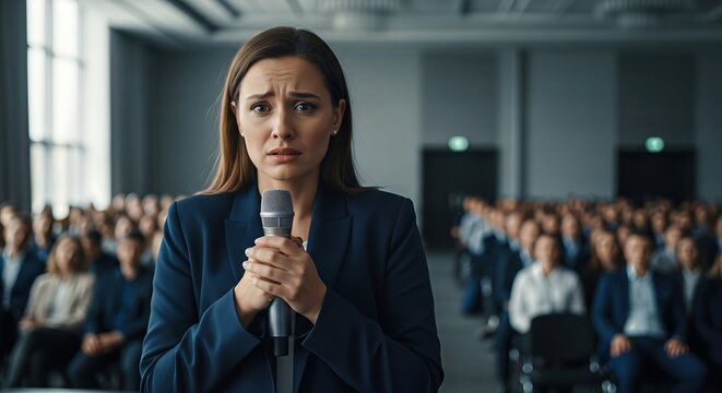 Anxious woman speaker holding microphone with worried expression in front of captivated audience at conference