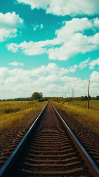 Scenic railroad crossing through golden fields at sunny day