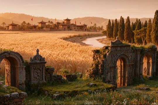 Ruines anciennes au bord de champs de bl&eacute; dor&eacute;s avec palais oriental et paysage d&eacute;sertique au coucher du soleil