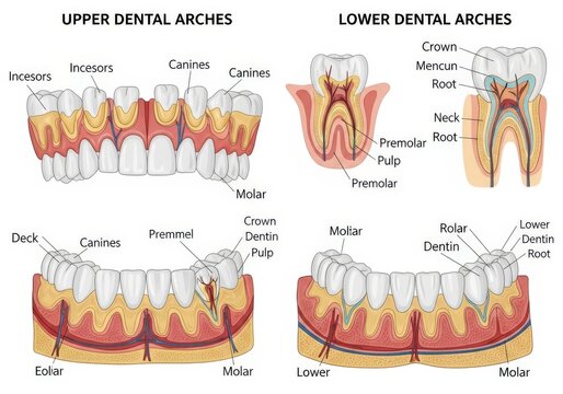 Diagram of human upper and lower dental arches with labeled teeth parts